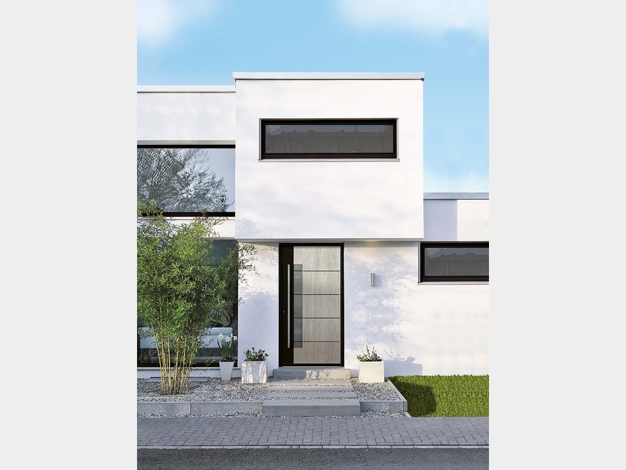 Beige-graue Haustür, minimalistisches Würfelhaus